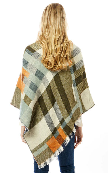 Poncho-OLIVE PLAID Cashmere Blend