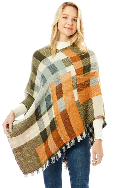 Poncho-OLIVE PLAID Cashmere Blend