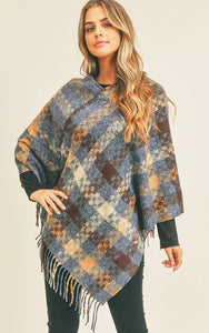 Poncho-NAVY Pixel Check Pattern w/Fringe
