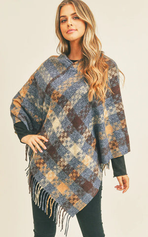 Poncho-NAVY Pixel Check Pattern w/Fringe