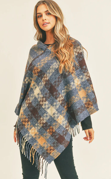 Poncho-NAVY Pixel Check Pattern w/Fringe