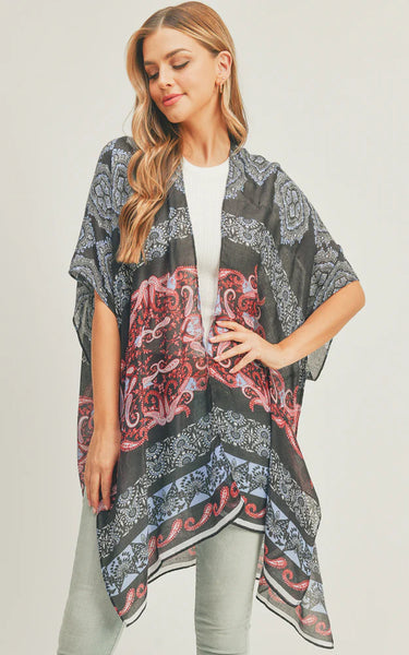 Kim-Long-BLK/RED Boho Paisley Pattern Cover-Up
