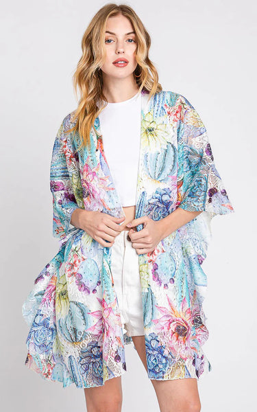 Kim-Shirt-TURQ MULTI - Ruffle Lined RUFFLE LINED CACTUS PRINT COVER UP