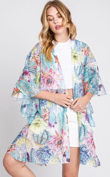Kim-Shirt-TURQ MULTI - Ruffle Lined RUFFLE LINED CACTUS PRINT COVER UP