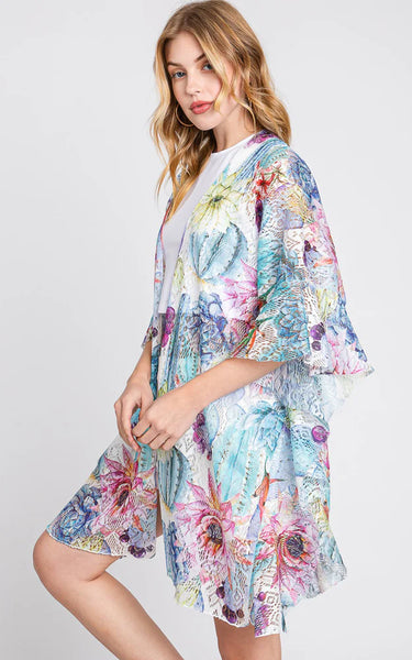 Kim-Shirt-TURQ MULTI - Ruffle Lined RUFFLE LINED CACTUS PRINT COVER UP