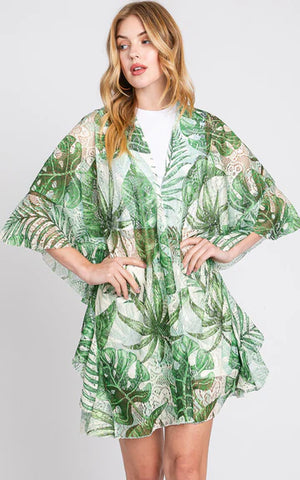 Kim-Shirt-GREEN Ruffle Lined TROPICAL Leaves Cover Up