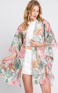 Kim-Shirt-PINK/GREEN Ruffle Lined Tropical Leaves Cover Up