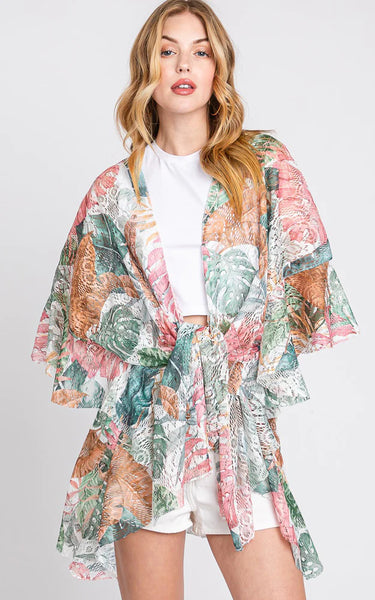 Kim-Shirt-PINK/GREEN Ruffle Lined Tropical Leaves Cover Up