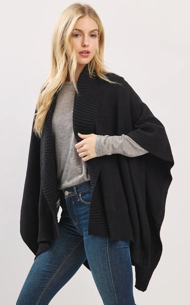 Ruana-BLACK Ribbed Trim, Soft Knit