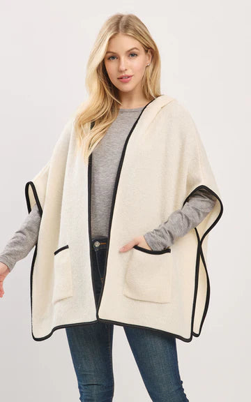 Cape-IVORY Hooded Cape with Trim and Front Pockets