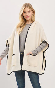 Cape-IVORY Hooded Cape with Trim and Front Pockets