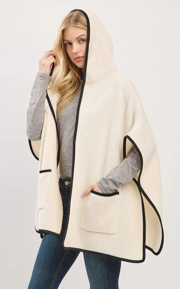 Cape-IVORY Hooded Cape with Trim and Front Pockets