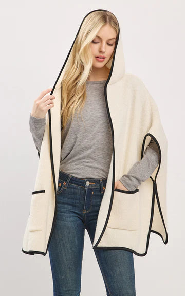 Cape-IVORY Hooded Cape with Trim and Front Pockets