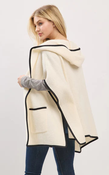 Cape-IVORY Hooded Cape with Trim and Front Pockets