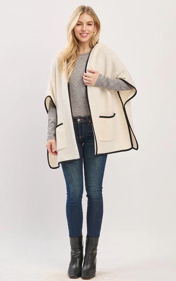 Cape-IVORY Hooded Cape with Trim and Front Pockets