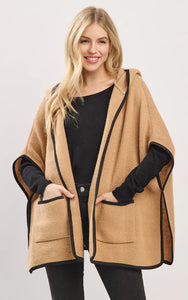 Cape-TAUPE Hooded Cape with Trim and Front Pockets
