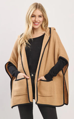 Cape-TAUPE Hooded Cape with Trim and Front Pockets