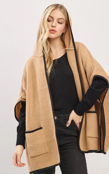 Cape-TAUPE Hooded Cape with Trim and Front Pockets