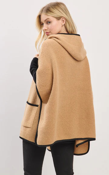 Cape-TAUPE Hooded Cape with Trim and Front Pockets