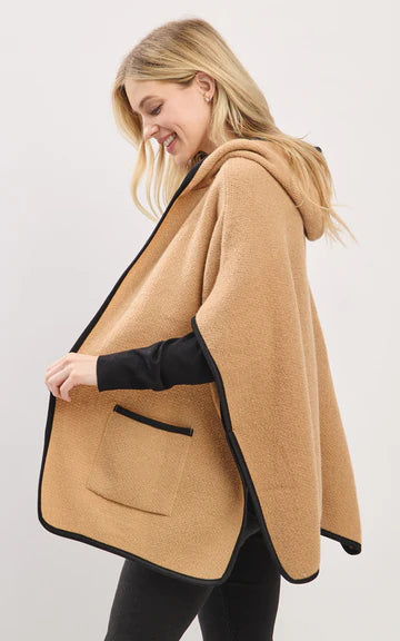 Cape-TAUPE Hooded Cape with Trim and Front Pockets