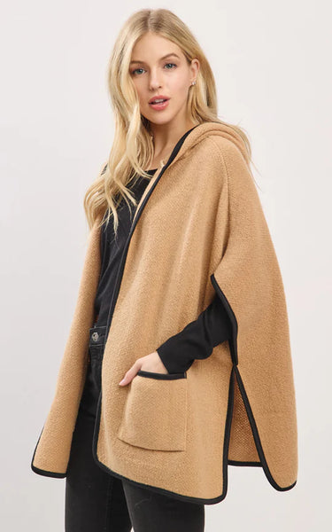 Cape-TAUPE Hooded Cape with Trim and Front Pockets