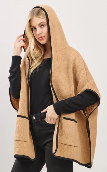 Cape-TAUPE Hooded Cape with Trim and Front Pockets