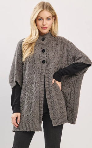 Cape-CHARCOAL Cable-Knit, Short Sleeves, Mock Neck With Buttons