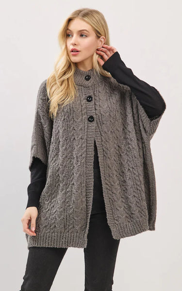 Cape-CHARCOAL Cable-Knit, Short Sleeves, Mock Neck With Buttons
