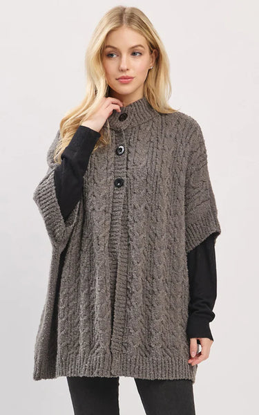 Cape-CHARCOAL Cable-Knit, Short Sleeves, Mock Neck With Buttons