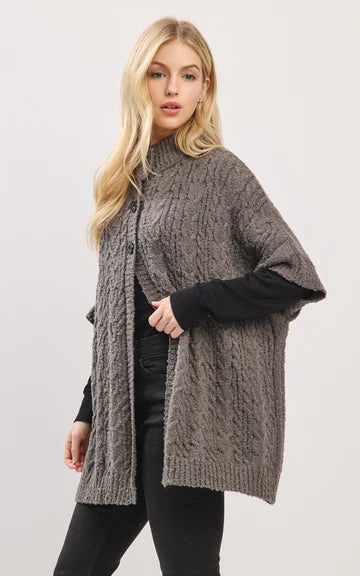 Cape-CHARCOAL Cable-Knit, Short Sleeves, Mock Neck With Buttons