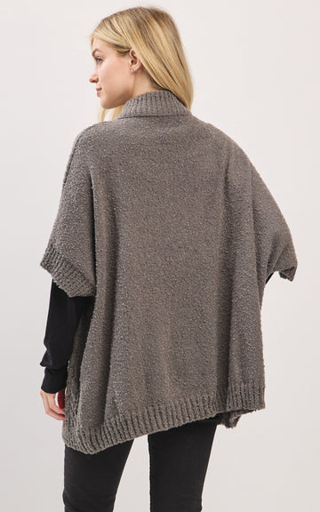 Cape-CHARCOAL Cable-Knit, Short Sleeves, Mock Neck With Buttons