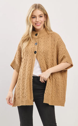 Cape-TAUPE Cable-Knit, Short Sleeves, Mock Neck With Buttons