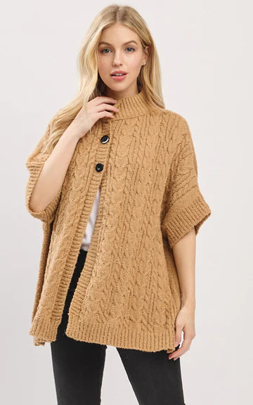 Cape-TAUPE Cable-Knit, Short Sleeves, Mock Neck With Buttons