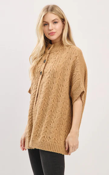 Cape-TAUPE Cable-Knit, Short Sleeves, Mock Neck With Buttons