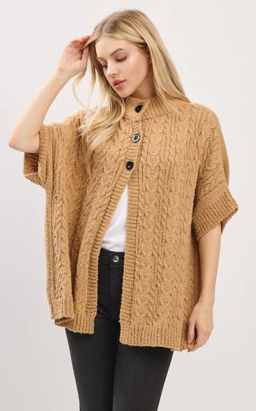 Cape-TAUPE Cable-Knit, Short Sleeves, Mock Neck With Buttons