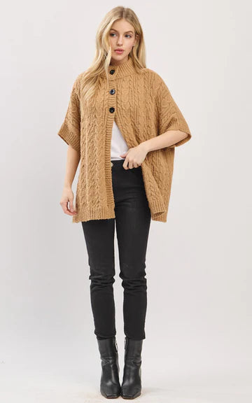 Cape-TAUPE Cable-Knit, Short Sleeves, Mock Neck With Buttons