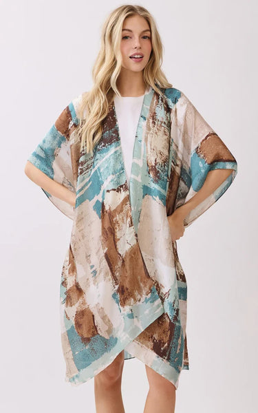 Kim-Long-TEAL-Silky Feel, Abstract Print Kimono