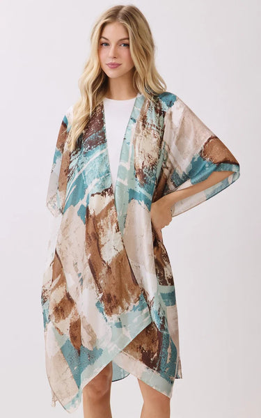 Kim-Long-TEAL-Silky Feel, Abstract Print Kimono
