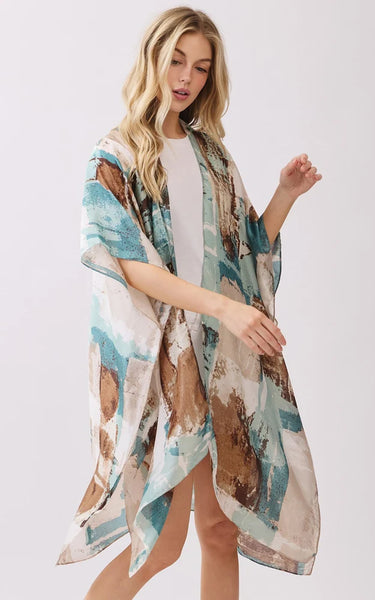 Kim-Long-TEAL-Silky Feel, Abstract Print Kimono