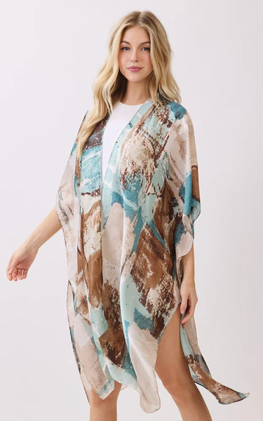 Kim-Long-TEAL-Silky Feel, Abstract Print Kimono