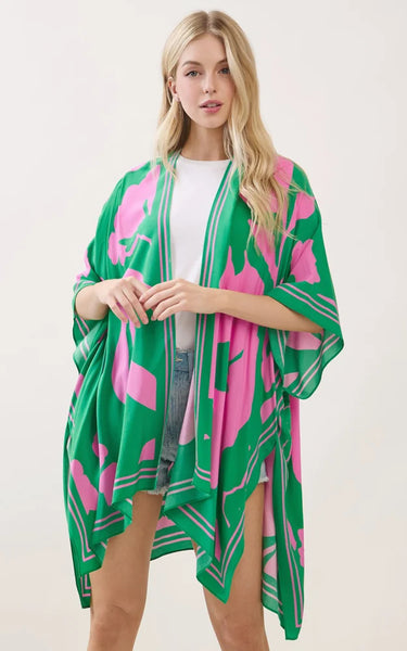Kim-Long-GREEN/PINK FLORAL PRINT KIMONO