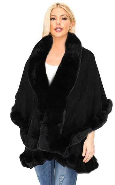 Cape-BLACK Double Fur Trim Cape/Shawl