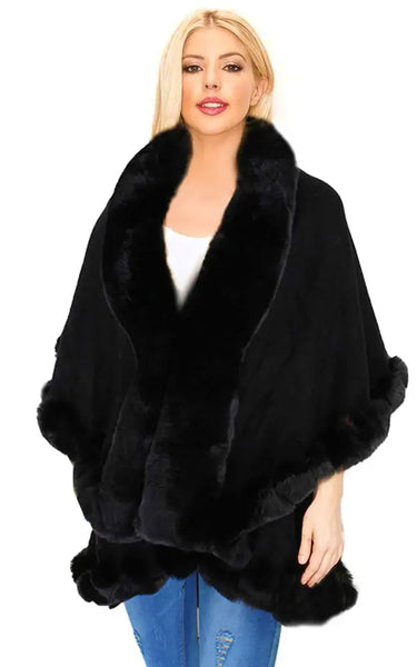 Cape-BLACK Double Fur Trim Cape/Shawl