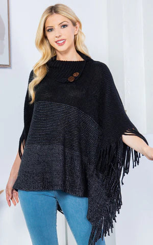 Poncho-BLACK Striped T-Neck W/ Sleeves, Buttons and Fringe