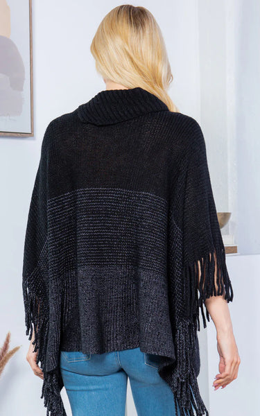 Poncho-BLACK Striped T-Neck W/ Sleeves, Buttons and Fringe