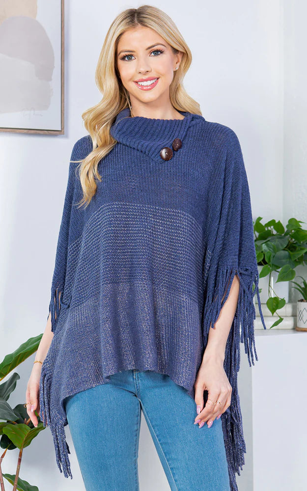 Poncho-BLUE Striped T-Neck W/ Sleeves, Buttons and Fringe