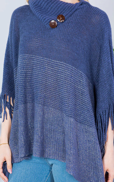 Poncho-BLUE Striped T-Neck W/ Sleeves, Buttons and Fringe