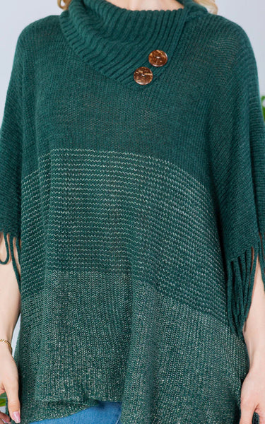 Poncho-GREEN Striped T-Neck W/ Sleeves, Buttons and Fringe