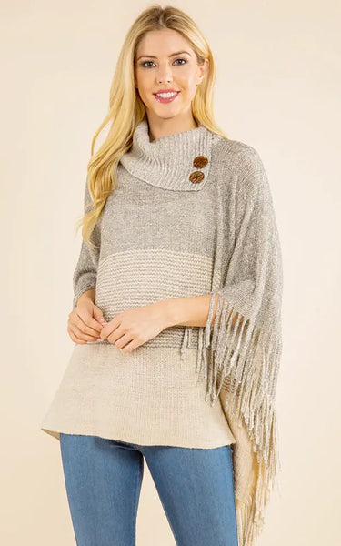 Poncho-IVORY Striped T-Neck W/ Sleeves, Buttons and Fringe