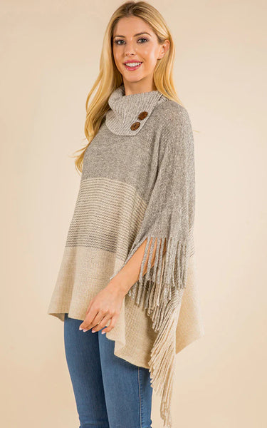 Poncho-IVORY Striped T-Neck W/ Sleeves, Buttons and Fringe